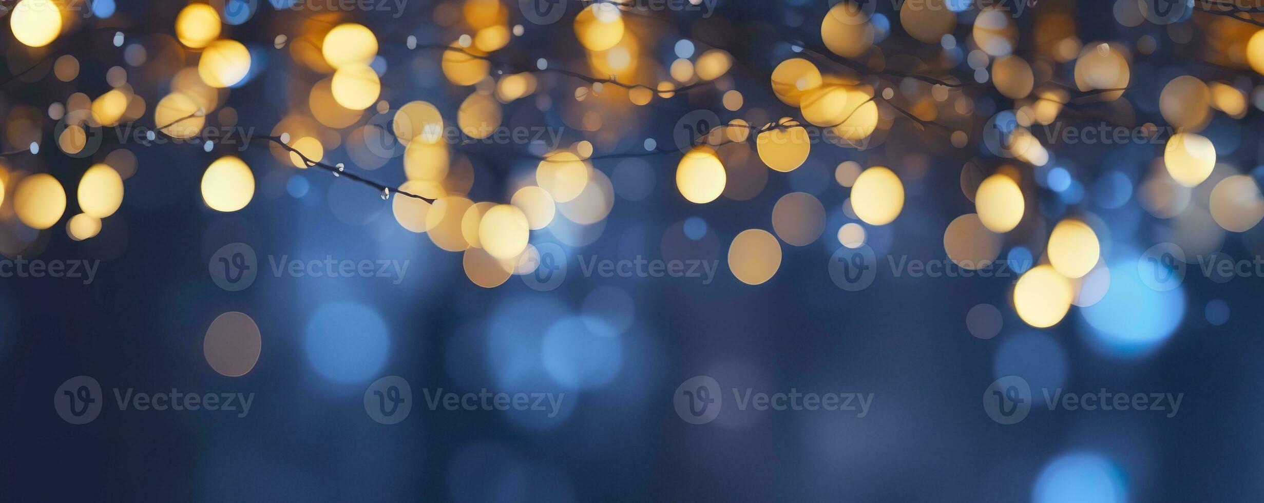 ai gegenereerd vakantie verlichting en decoratie concept, Kerstmis slinger bokeh lichten over- donker blauw achtergrond. ai gegenereerd foto