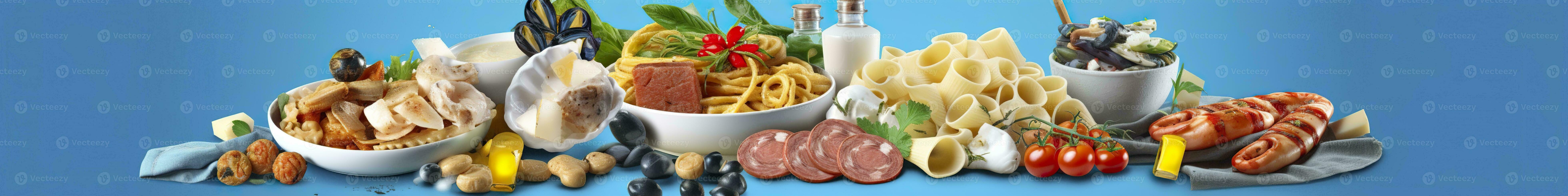 ai gegenereerd web bladzijde banier van beroemd Italiaans voedsel recepten Aan schoon blauw achtergrond. ai gegenereerd foto