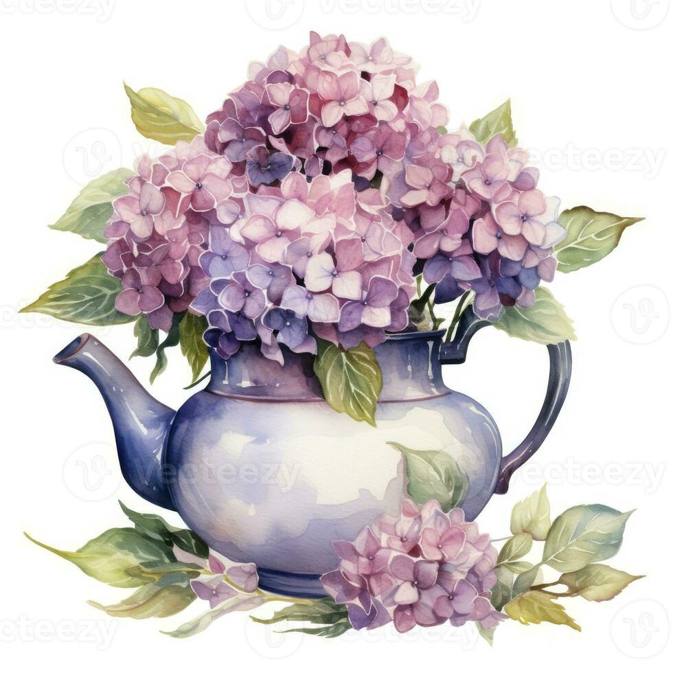 ai gegenereerd waterverf hortensia's in theepot geïsoleerd Aan wit achtergrond. ai gegenereerd foto