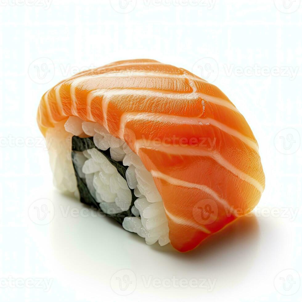 ai gegenereerd een sushi Zalm Aan wit achtergrond. ai gegenereerd foto