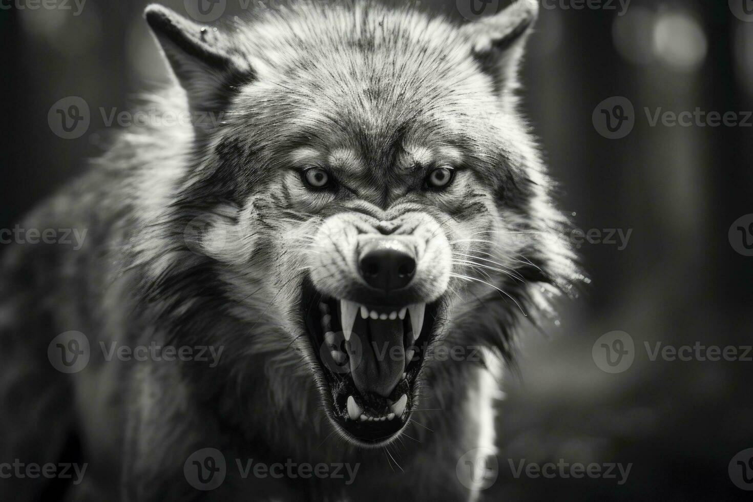 ai gegenereerd grijswaarden detailopname schot van een boos wolf met een wazig achtergrond. ai gegenereerd foto