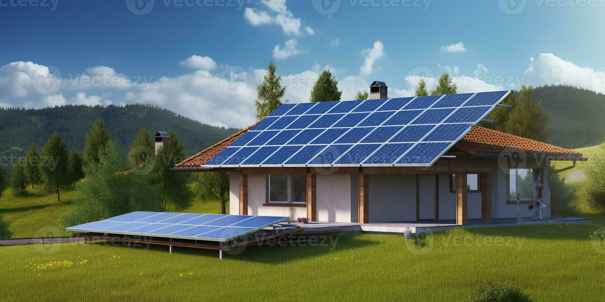 ai gegenereerd fotovoltaïsche zonne- panelen. duurzame energie. een mini macht fabriek voor een huis. generatief ai foto