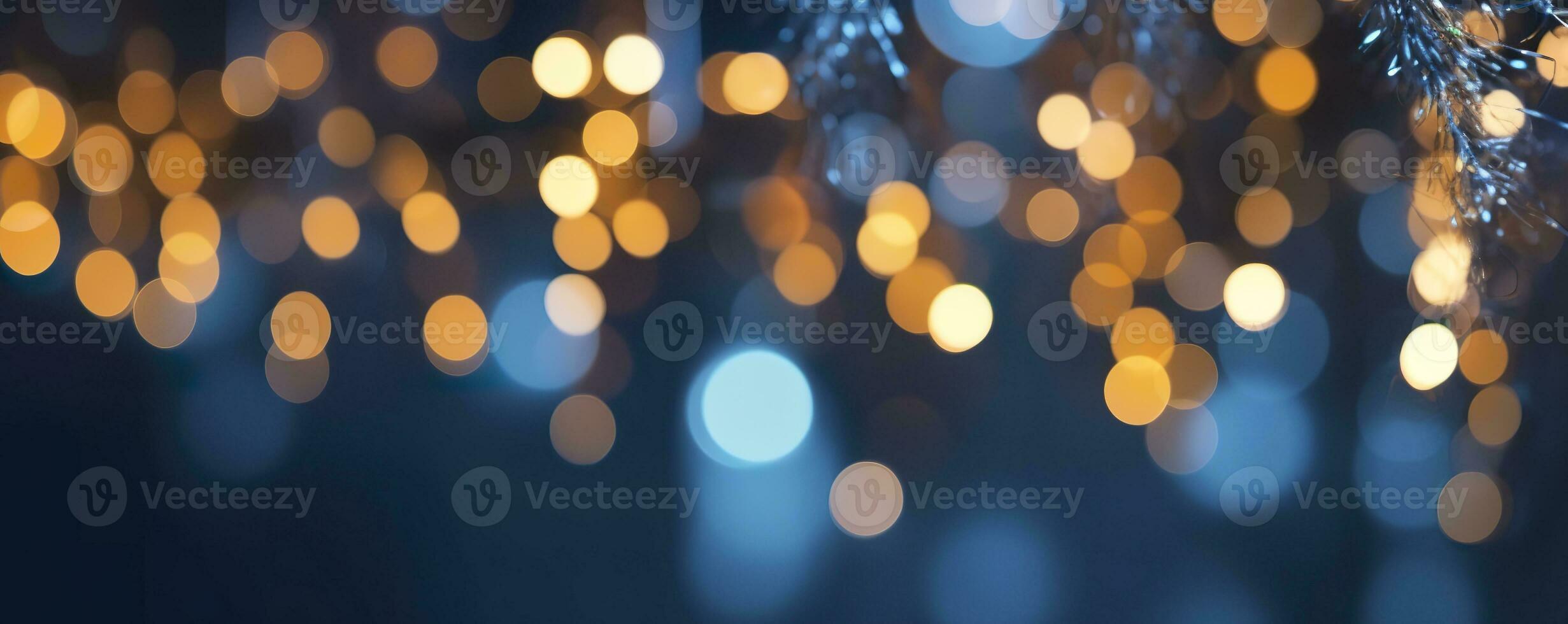 ai gegenereerd vakantie verlichting en decoratie concept, Kerstmis slinger bokeh lichten over- donker blauw achtergrond. ai gegenereerd foto