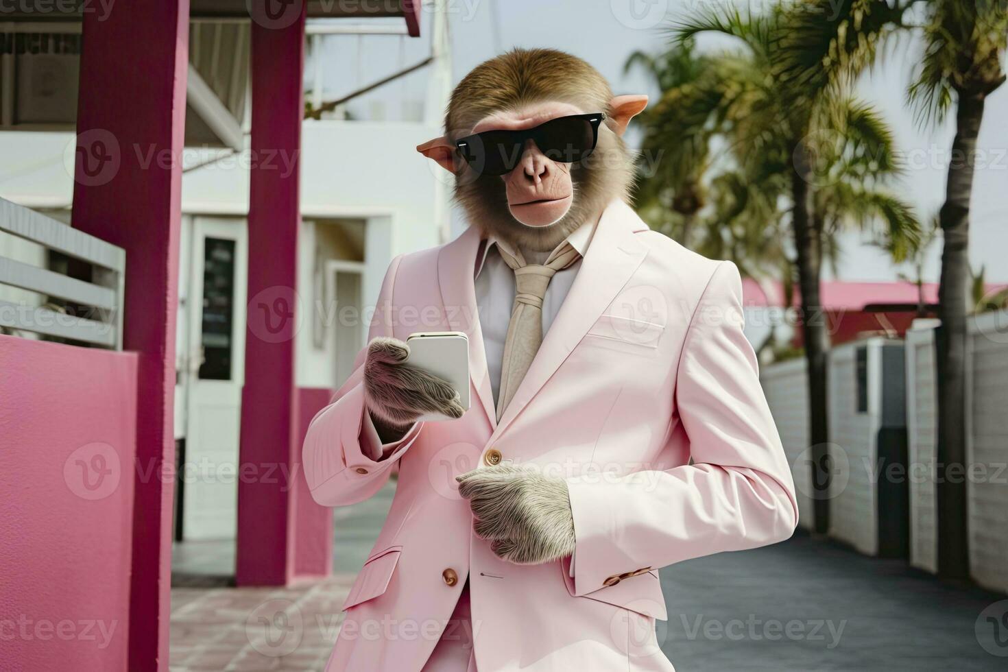 ai gegenereerd een aap is vervelend zonnebril, pak en staand Aan straat. ai gegenereerd foto