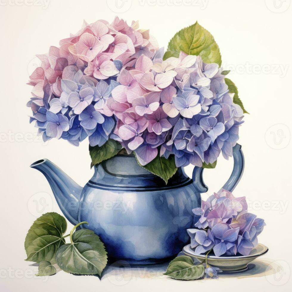 ai gegenereerd waterverf hortensia's in theepot geïsoleerd Aan wit achtergrond. ai gegenereerd foto