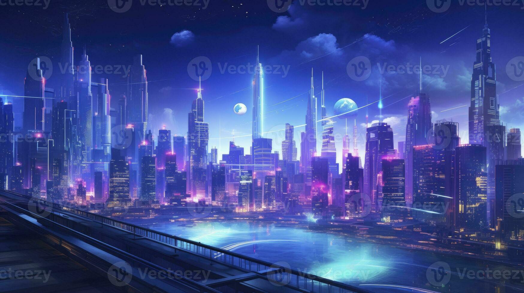 ai gegenereerd een futuristisch, cyberpunk geïnspireerd stadsgezicht Bij nacht. ai gegenereerd foto