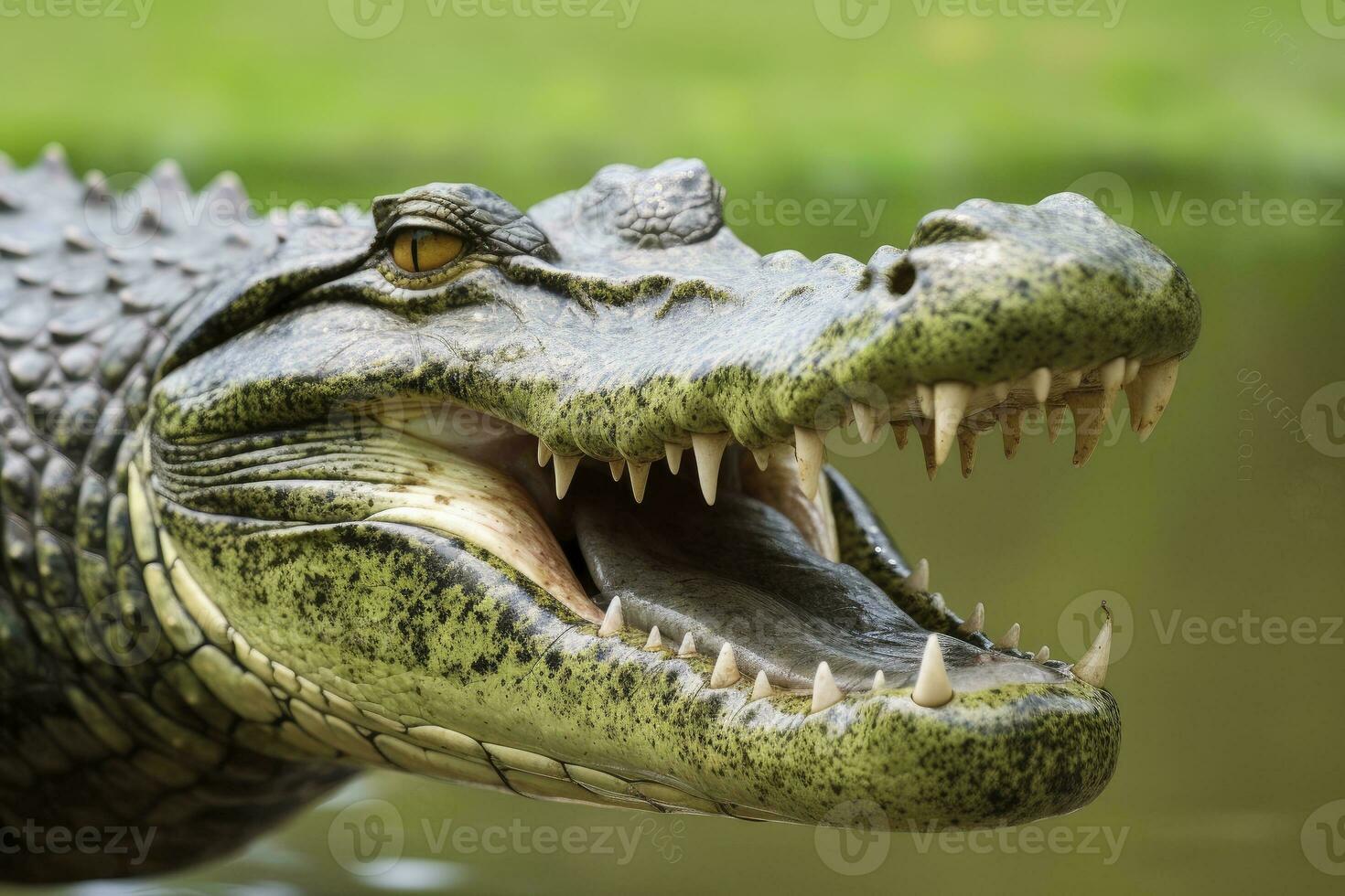 ai gegenereerd krokodil met haar mond breed Open met een groen meer in de groen achtergrond. ai gegenereerd foto