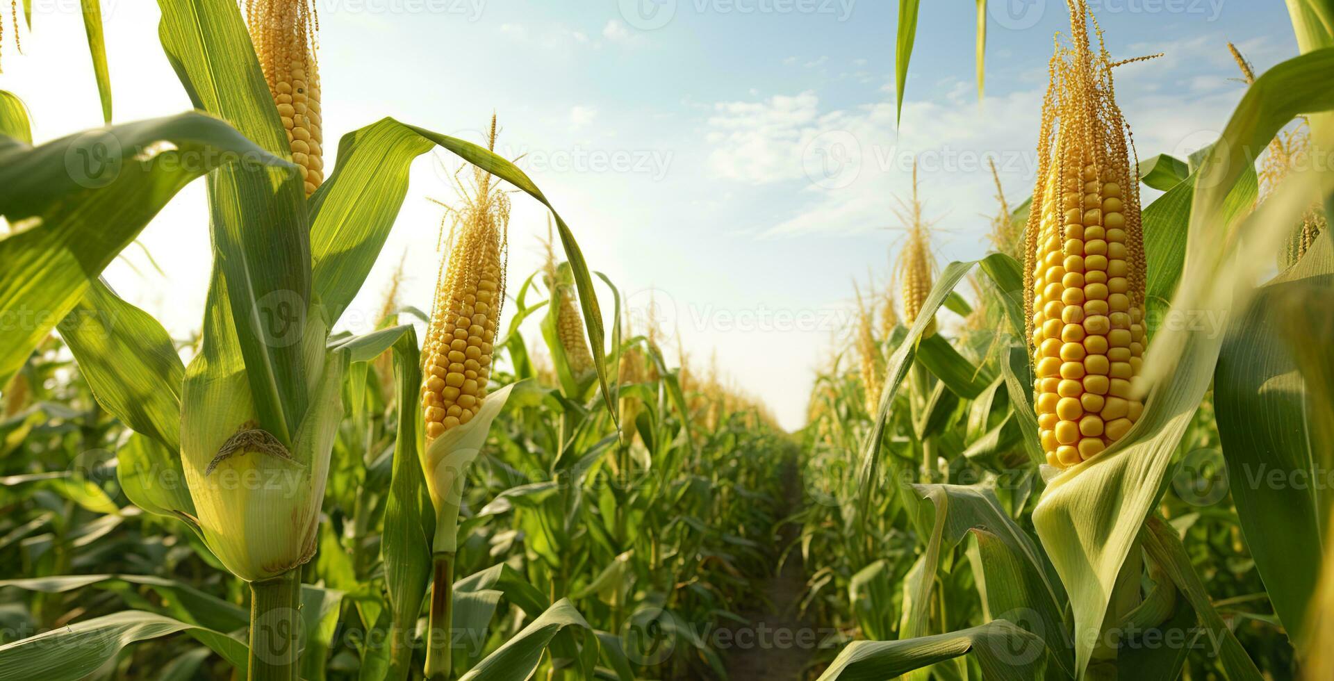 ai gegenereerd detailopname maïs kolven in maïs plantage veld. generatief ai foto