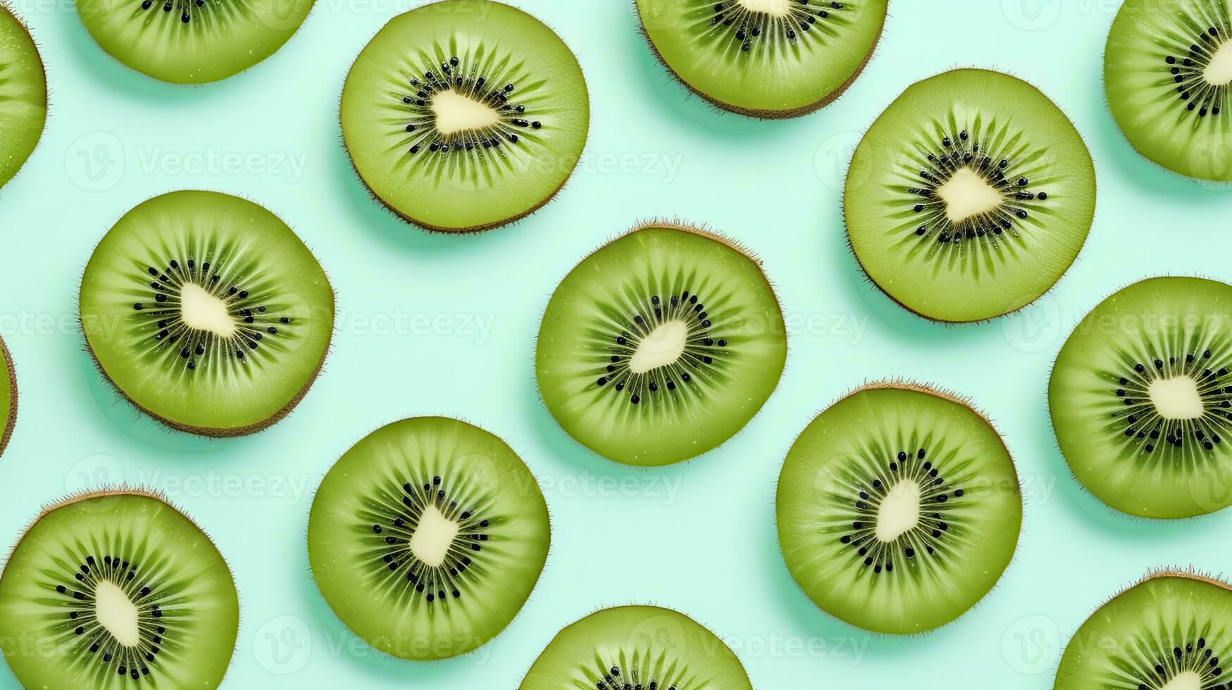 ai gegenereerd plakjes van kiwi fruit en groen munt bladeren Aan een licht pastel blauw achtergrond. ai gegenereerd foto