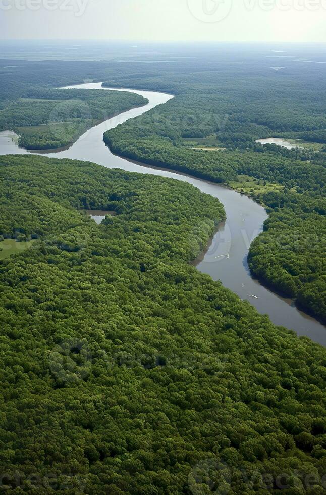 ai gegenereerd antenne visie van de amazonas oerwoud landschap met rivier- kromming. generatief ai foto