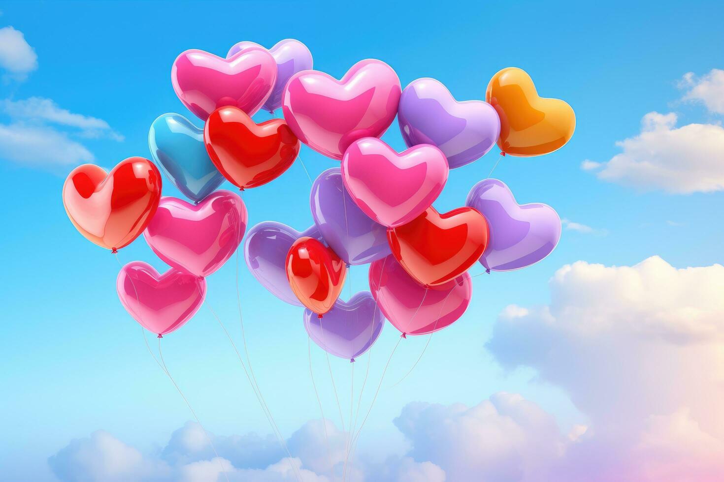 ai gegenereerd kleurrijk hart ballonnen vliegend in de blauw lucht. 3d illustratie, een TROS van levendig liefde hart ballonnen drijvend in lucht, ai gegenereerd foto