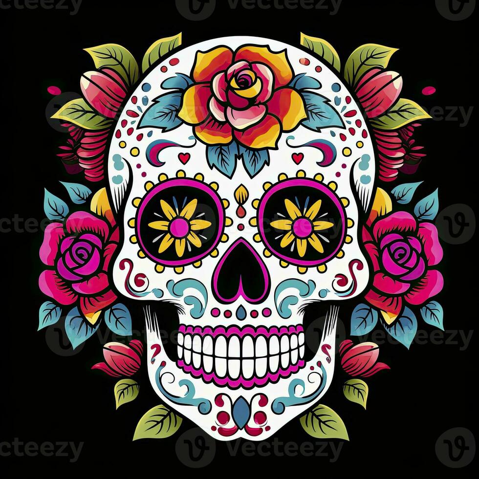 ai gegenereerd Mexicaans rozen schedel. Mexicaans rozen schedel. dia de los Muertos sjoeger kleurrijk hoofd. ai gegenereerd foto