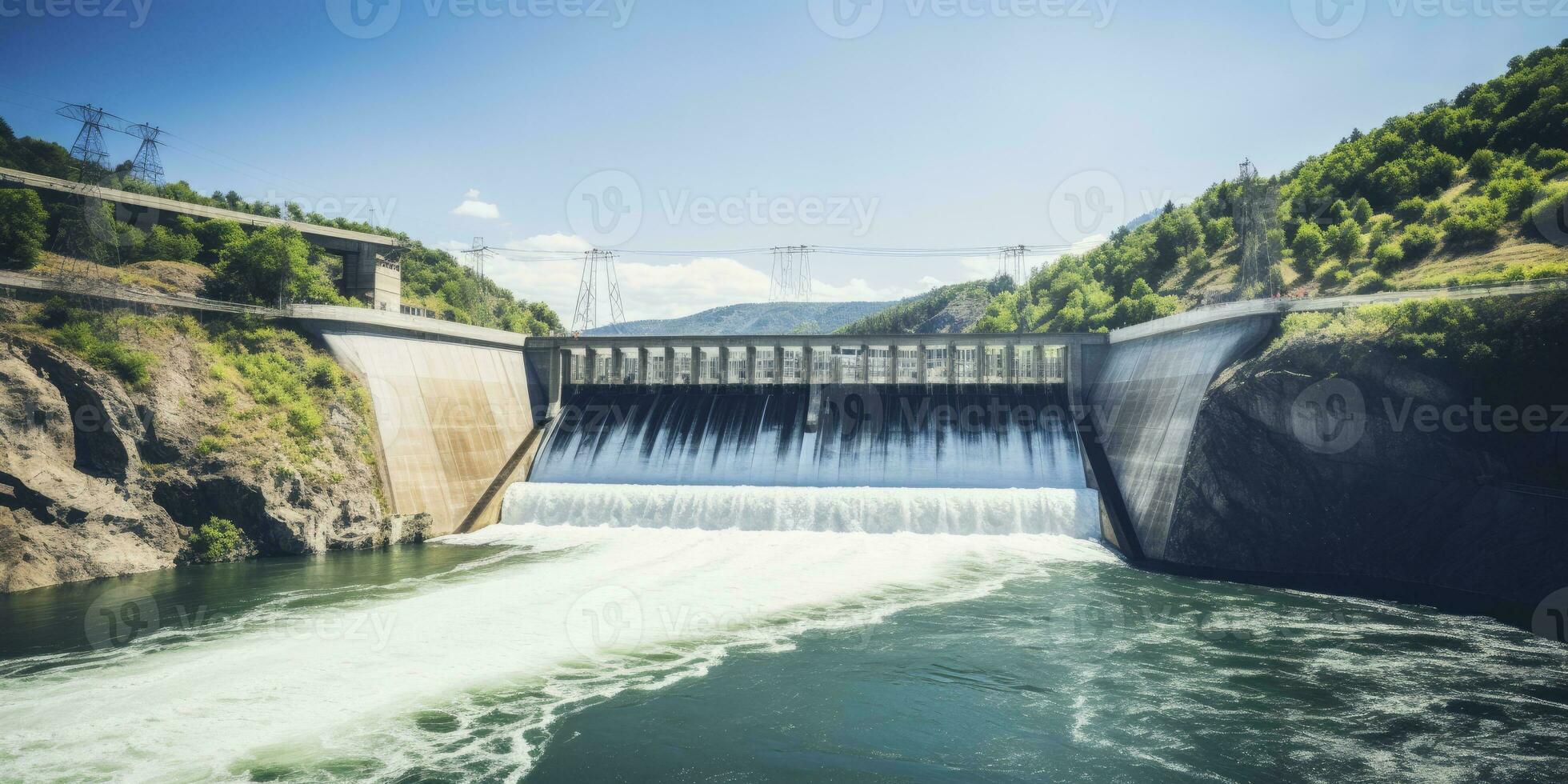 ai gegenereerd hydro-elektrisch dam genereren groen energie van vloeiende water. ai gegenereerd. foto