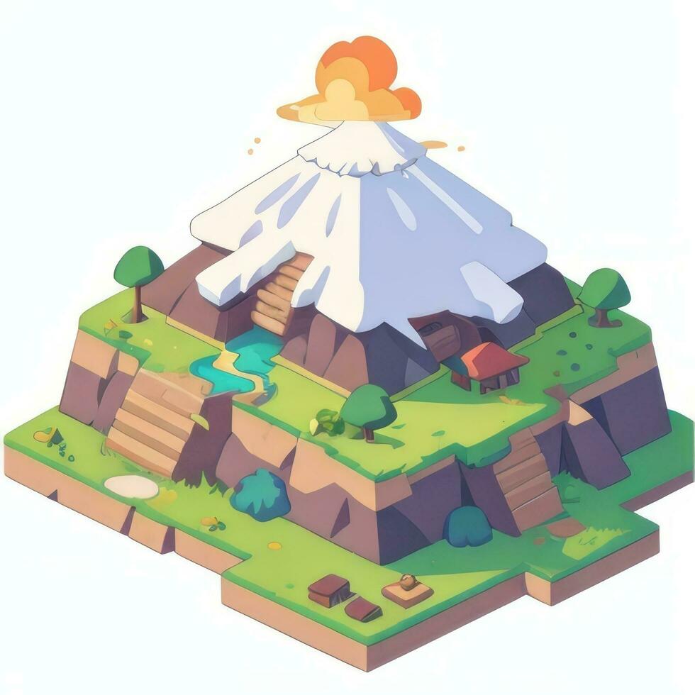ai gegenereerd isometrische 3d vulkaan Aan eiland icoon klem kunst sticker decoratie gemakkelijk achtergrond foto