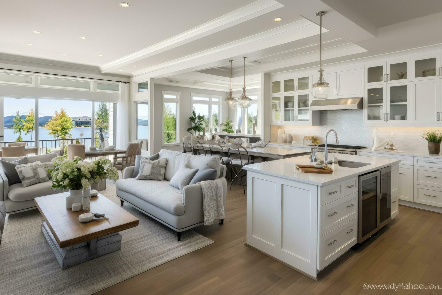 ai gegenereerd keuken en leven kamer in verbijsterend nieuw luxe huis foto