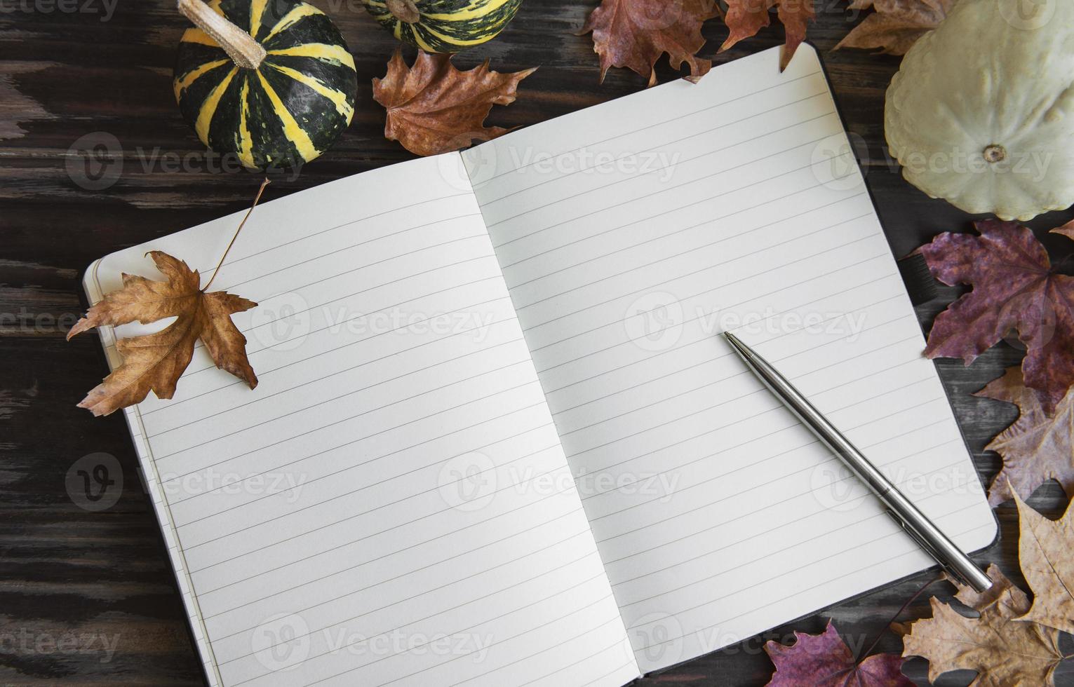 pompoenen en bladeren frame met notebook op houten achtergrond. foto