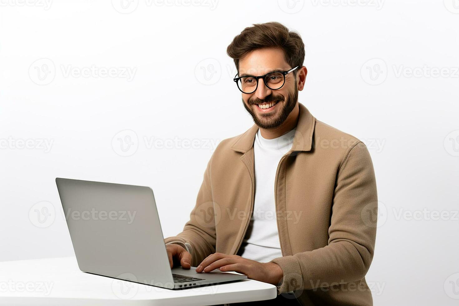 ai gegenereerd jong gelukkig Mens in werking laptop Aan geïsoleerd wit achtergrond foto