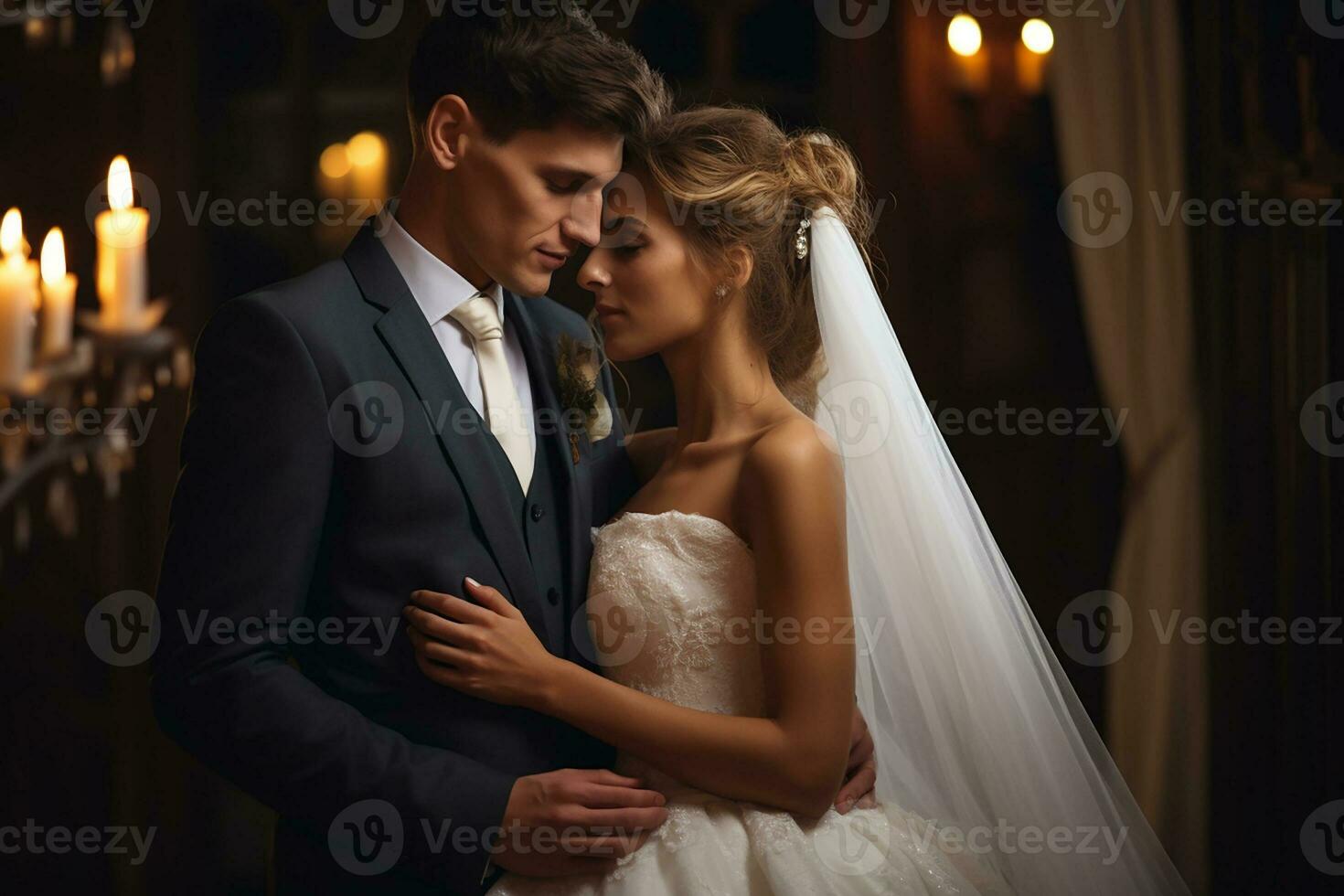ai gegenereerd voorkant visie van elegant bruidegom in pak welke staand en omarmen bruid gelukkig vrouw in wit bruiloft jurk foto