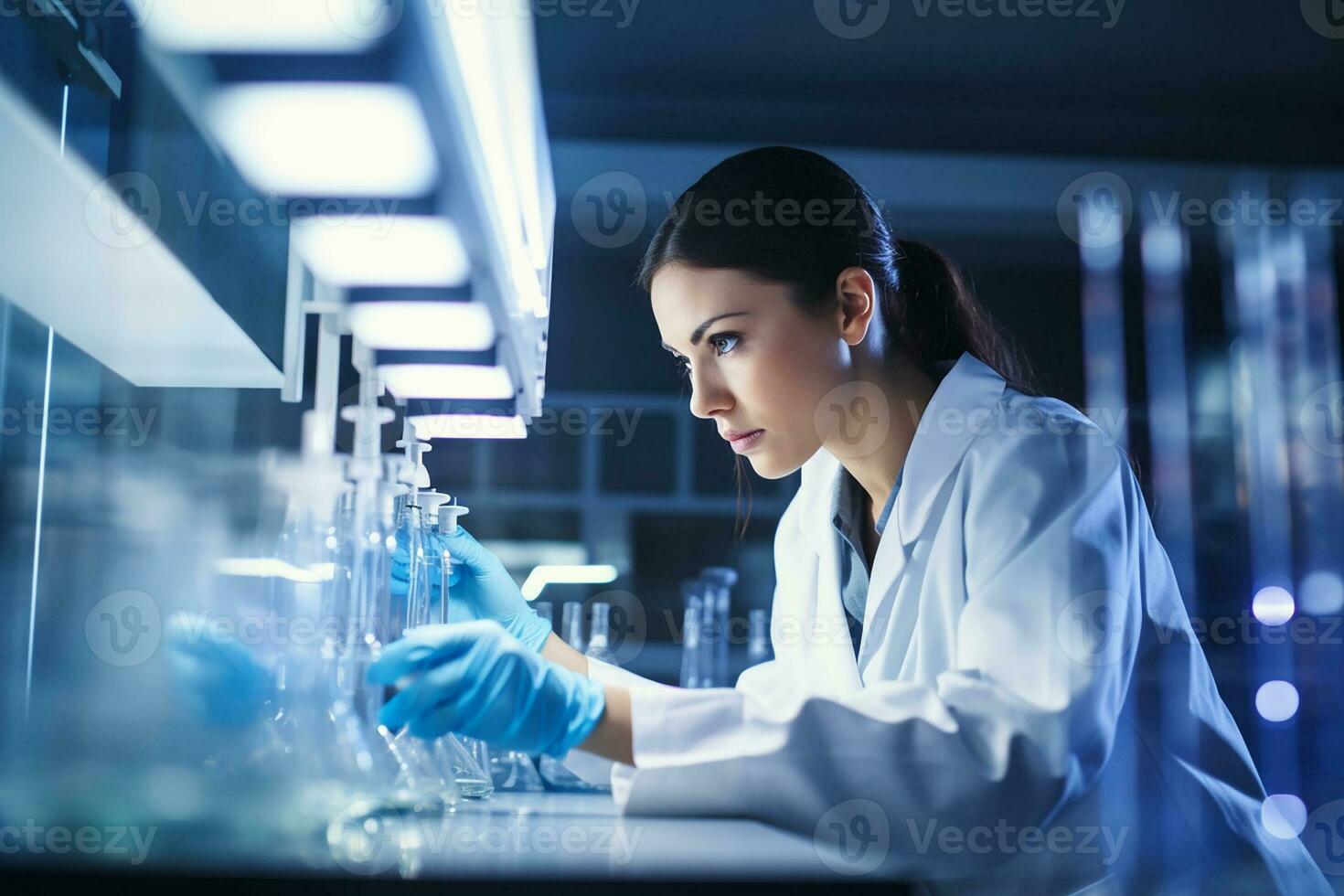 ai gegenereerd biotechnologie specialist in de laboratorium dirigeren experimenten foto