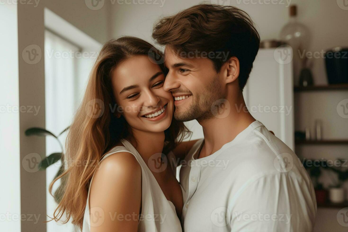 ai gegenereerd portret van twee mooi mensen in liefde glimlachen met Gesloten ogen inschrijving Mens aanraken zijn aantrekkelijk vriendin foto