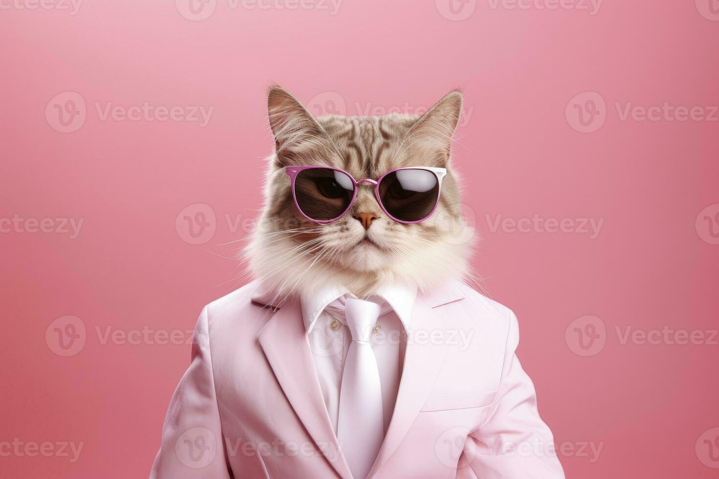 ai gegenereerd een kat is vervelend zonnebril en pak Aan roze achtergrond. ai gegenereerd foto