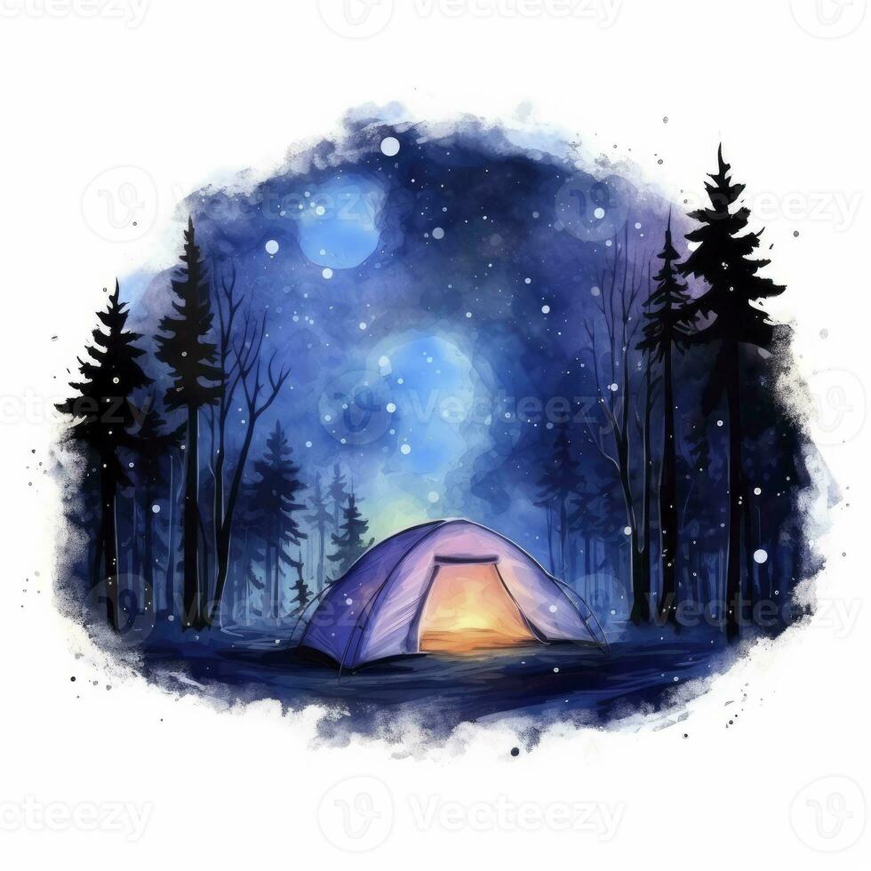 ai gegenereerd een camping tent in de Woud met nacht lucht, waterverf voor t-shirt ontwerp. ai gegenereerd foto