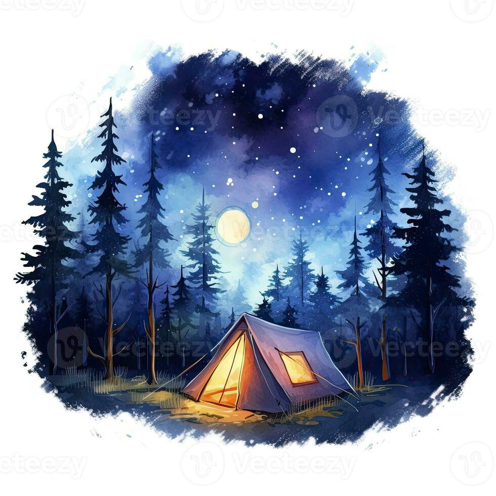 ai gegenereerd een camping tent in de Woud met nacht lucht, waterverf voor t-shirt ontwerp. ai gegenereerd foto