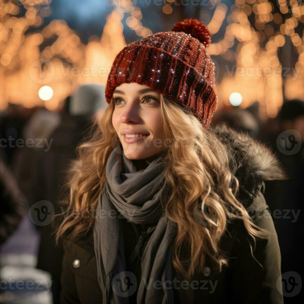 ai gegenereerd een vrouw vervelend een winter hoed en sjaal uit in de sneeuw op zoek Bij Kerstmis lichten foto