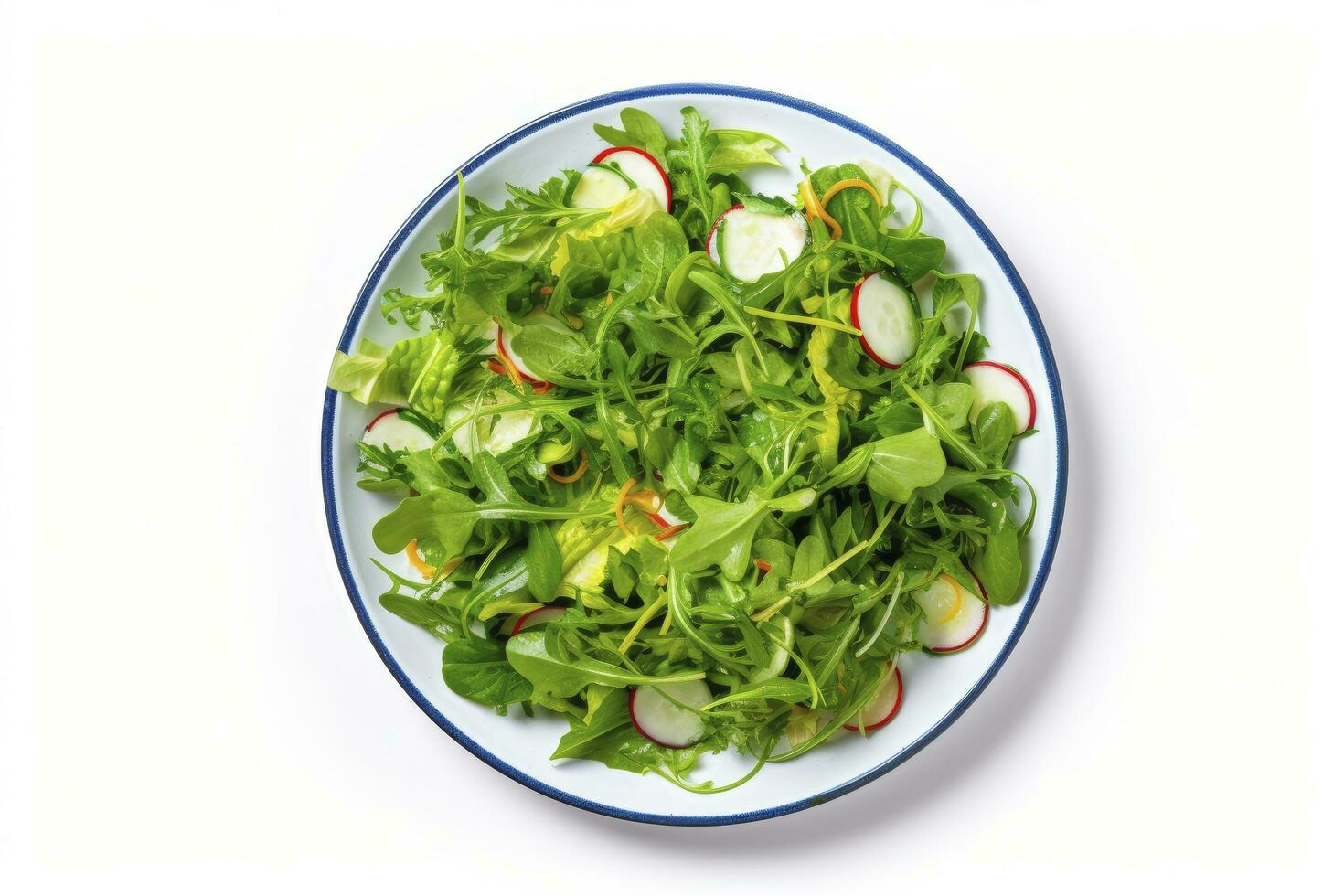 ai gegenereerd gezond vers groen salade bord schot van bovenstaand Aan wit achtergrond. ai gegenereerd foto