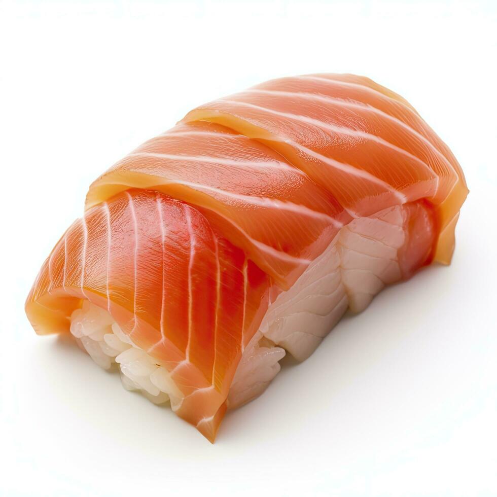 ai gegenereerd een sushi Zalm Aan wit achtergrond. ai gegenereerd foto