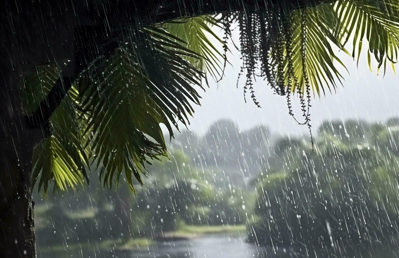 ai gegenereerd regen in de tropen gedurende de laag seizoen of moesson seizoen. regendruppels in een tuin. generatief ai foto