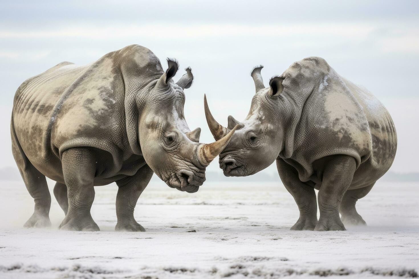 ai gegenereerd twee neushoorn krijgen klaar voor strijd Aan ijs. ai gegenereerd foto