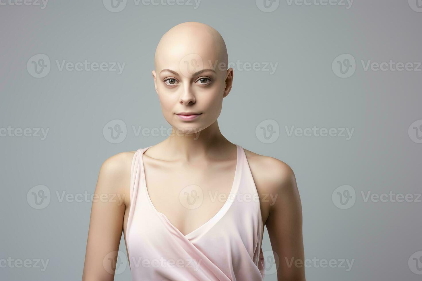 ai gegenereerd portret van Kaukasisch kaal meisje, alopecia en kanker bewustzijn foto