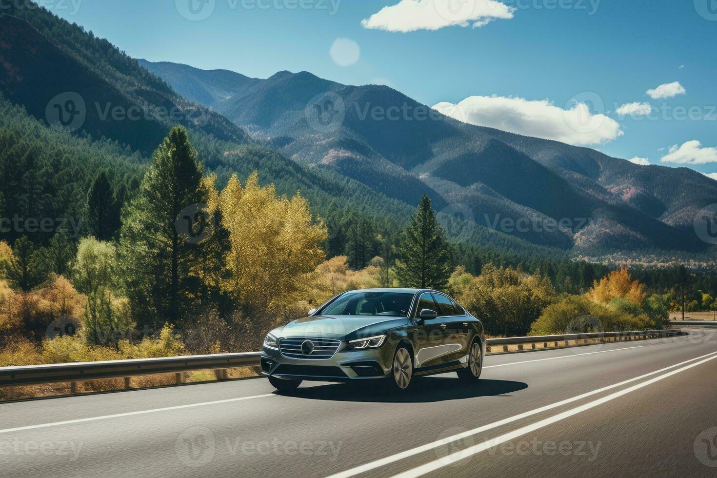 ai gegenereerd luxe auto het rijden Aan woestijn snelweg foto