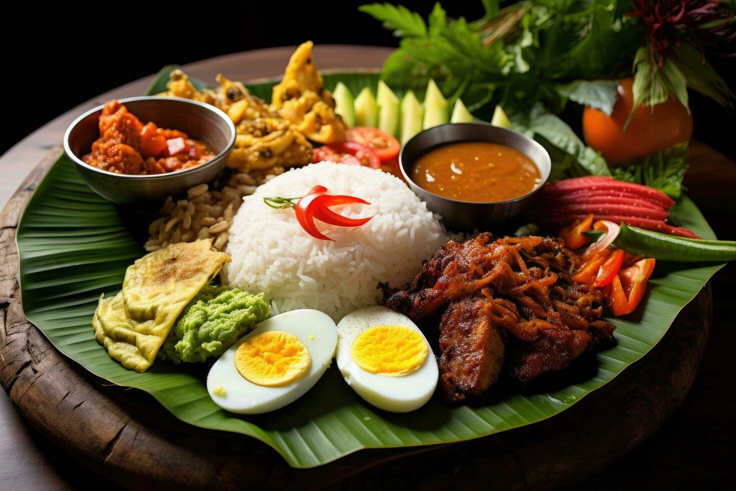 ai gegenereerd nasi lemak, Maleisisch voedsel geserveerd met rijst, Indonesisch traditioneel Bali voedsel, Indonesië, ai gegenereerd foto