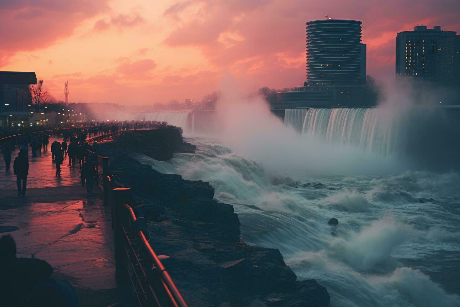 ai gegenereerd Niagara valt Bij zonsondergang, ontario, Canada. de Niagara valt is de grootste waterval in de wereld, schemer Bij Niagara valt, ai gegenereerd foto