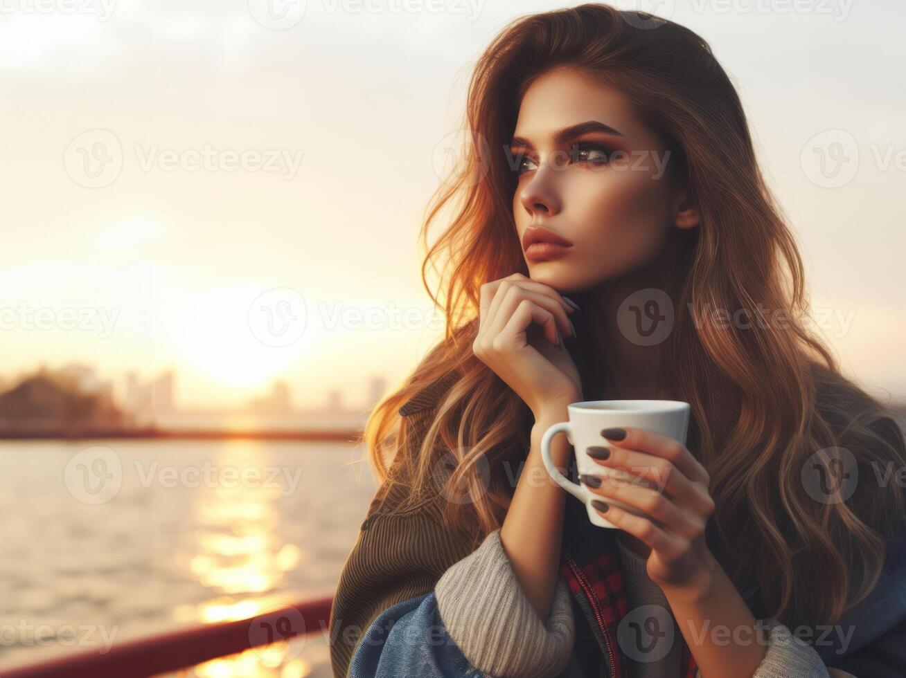 ai gegenereerd jong vrouw overweegt met koffie kop Bij zonsondergang foto