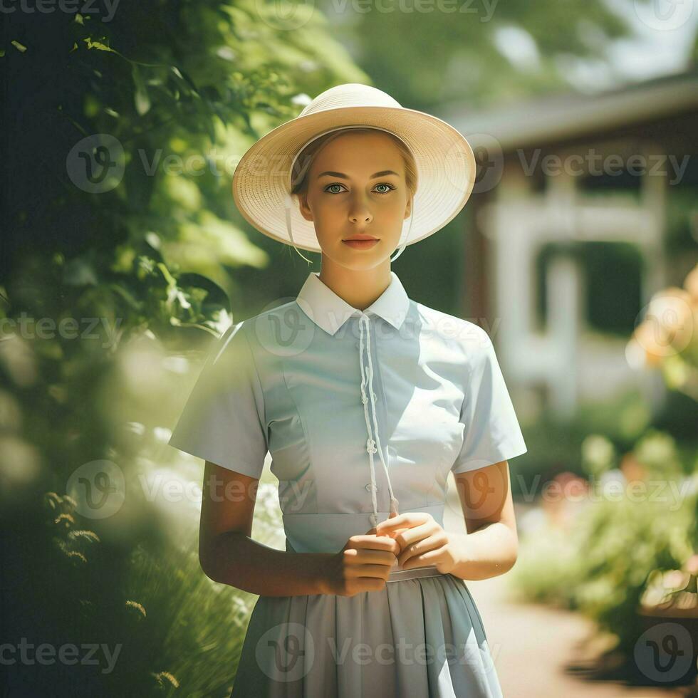 ai gegenereerd zomer roepingen fotografie van de meisje. vrouw in de hoed en jurk. hoog kwaliteit. ai generatief foto