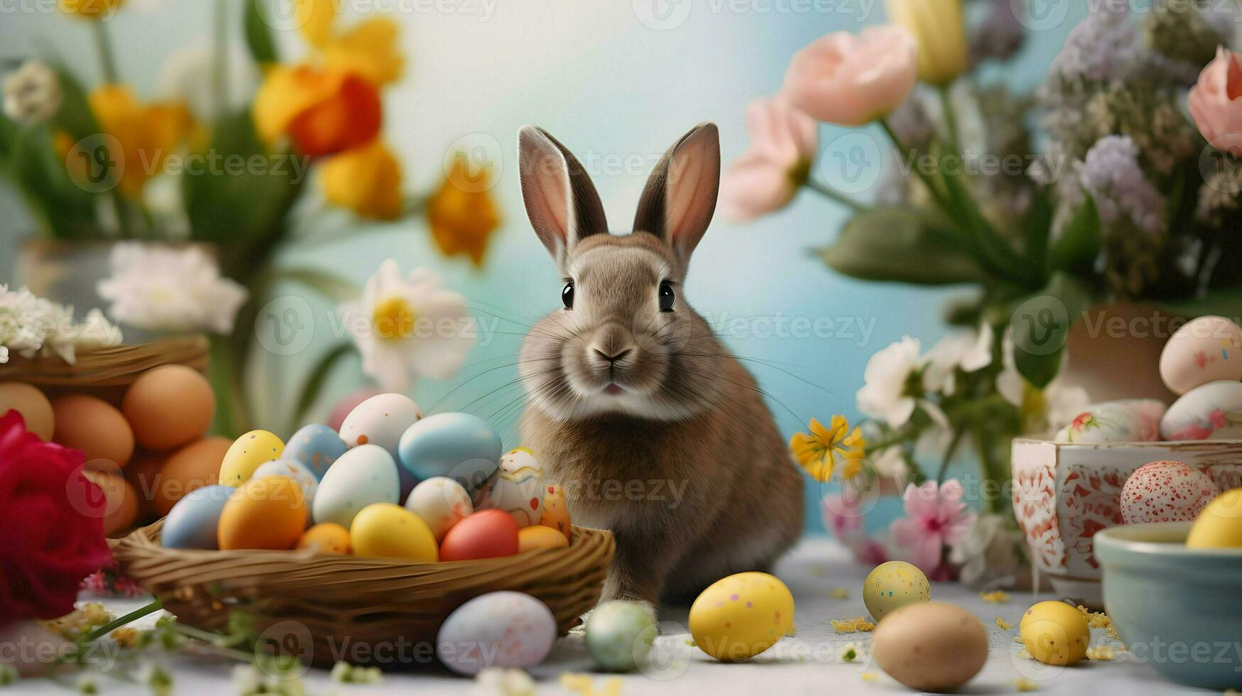 ai gegenereerd schattig Pasen konijn in bloemen met gekleurde eieren. helder mooi hoor fotoshoot. hoog kwaliteit. ai generatief foto