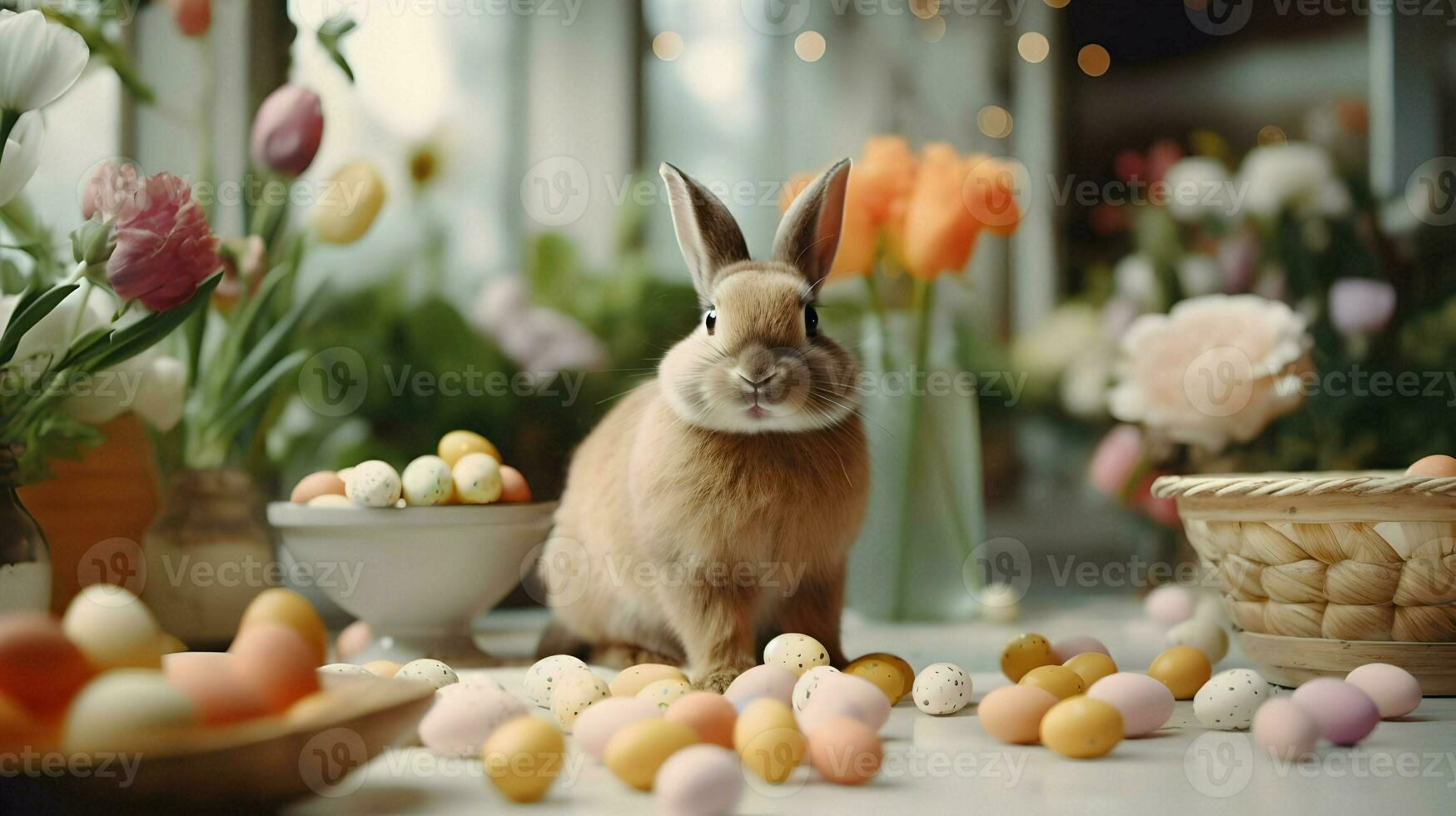 ai gegenereerd schattig Pasen konijn in bloemen met gekleurde kwartel eieren. helder mooi hoor fotoshoot. voorjaar gevoel. hoog kwaliteit. ai generatief foto