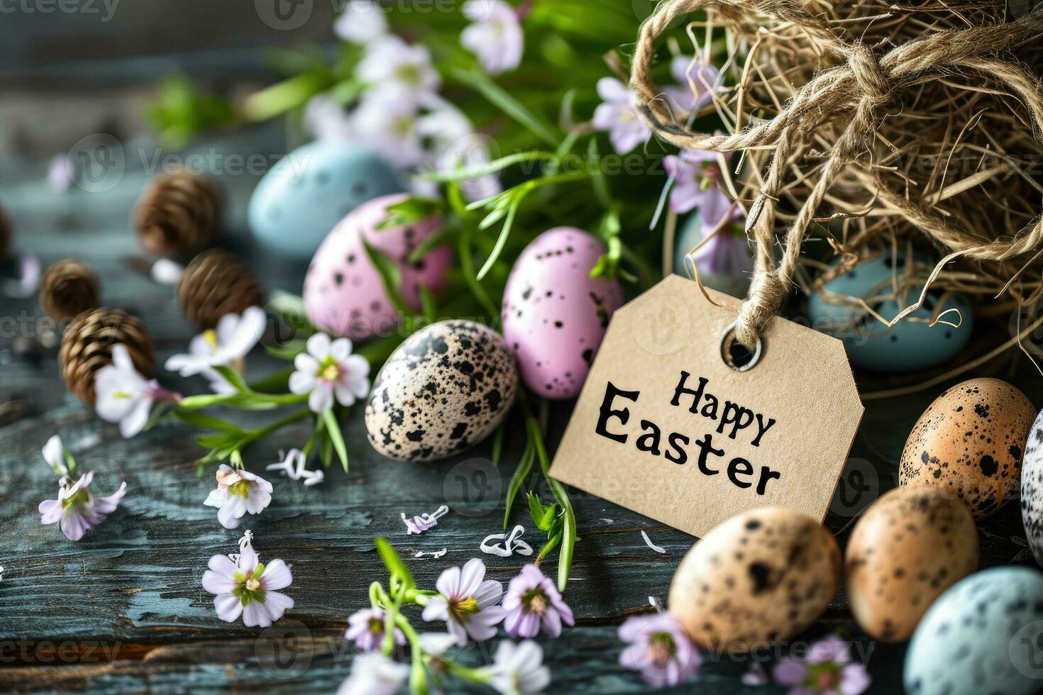 ai gegenereerd gelukkig Pasen dag kleurrijk eieren en bloem decoratie foto