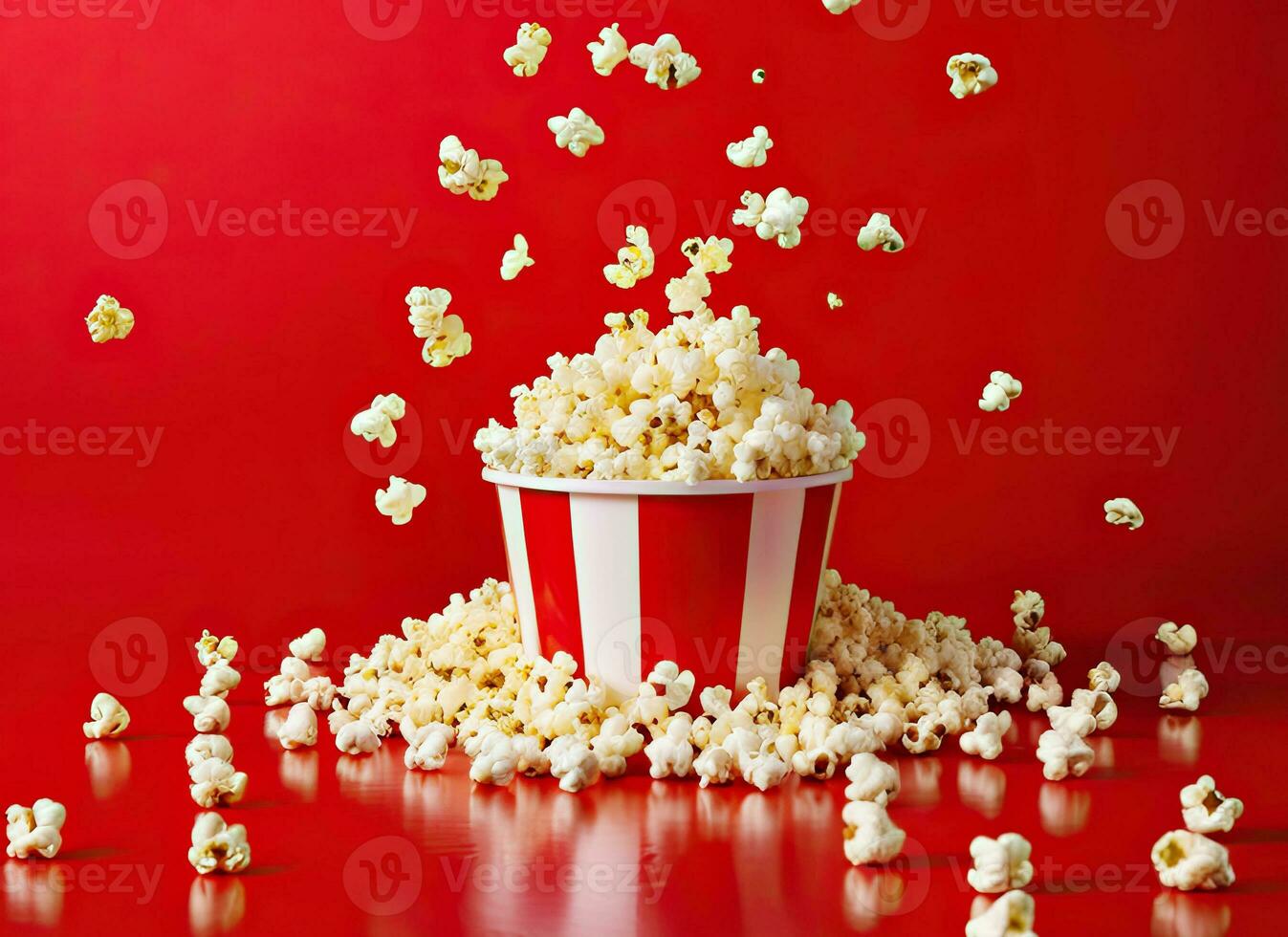 ai gegenereerd popcorn vallend in een emmer. generatief ai foto