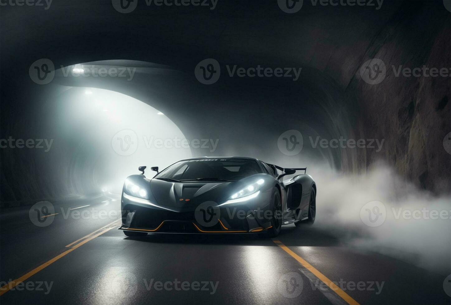 ai gegenereerd luxe sport- auto het rijden Aan de weg in tunnel. mistig foto