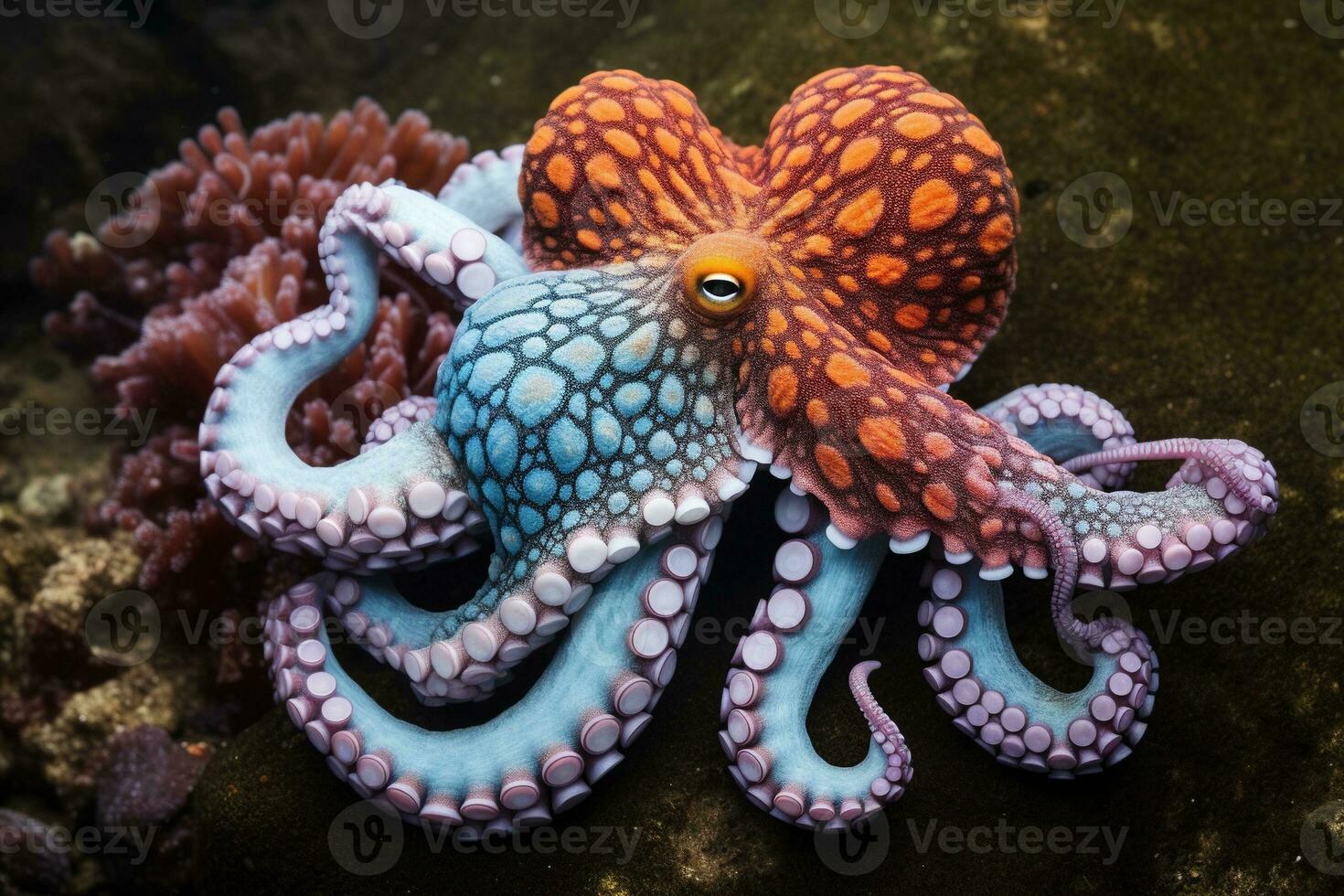 ai gegenereerd Octopus Aan de bodem van de zee. detailopname. foto