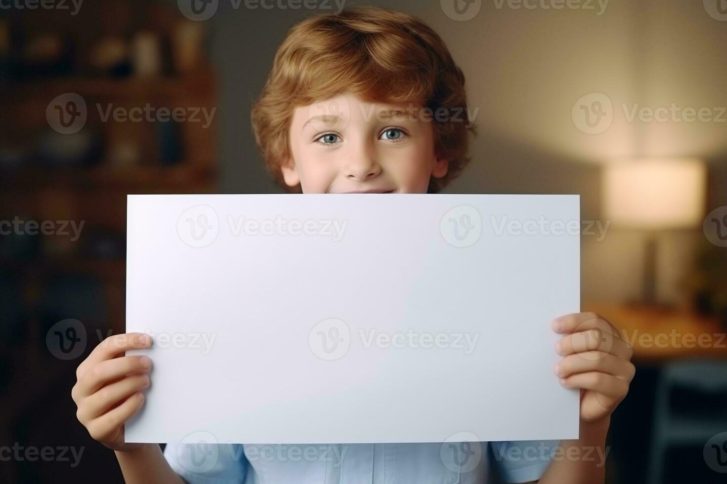 ai gegenereerd weinig jongen Holding een blanco wit vel van papier foto