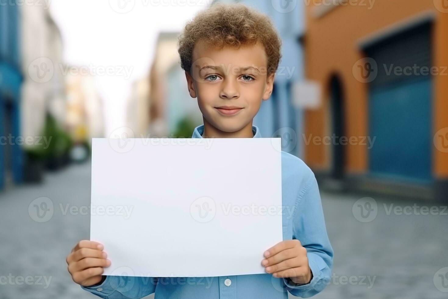 ai gegenereerd weinig jongen Holding een blanco wit vel van papier foto