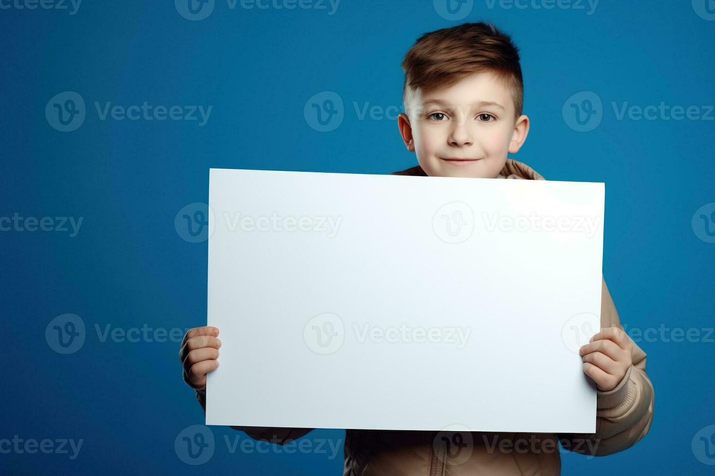 ai gegenereerd weinig jongen Holding een blanco wit vel van papier foto