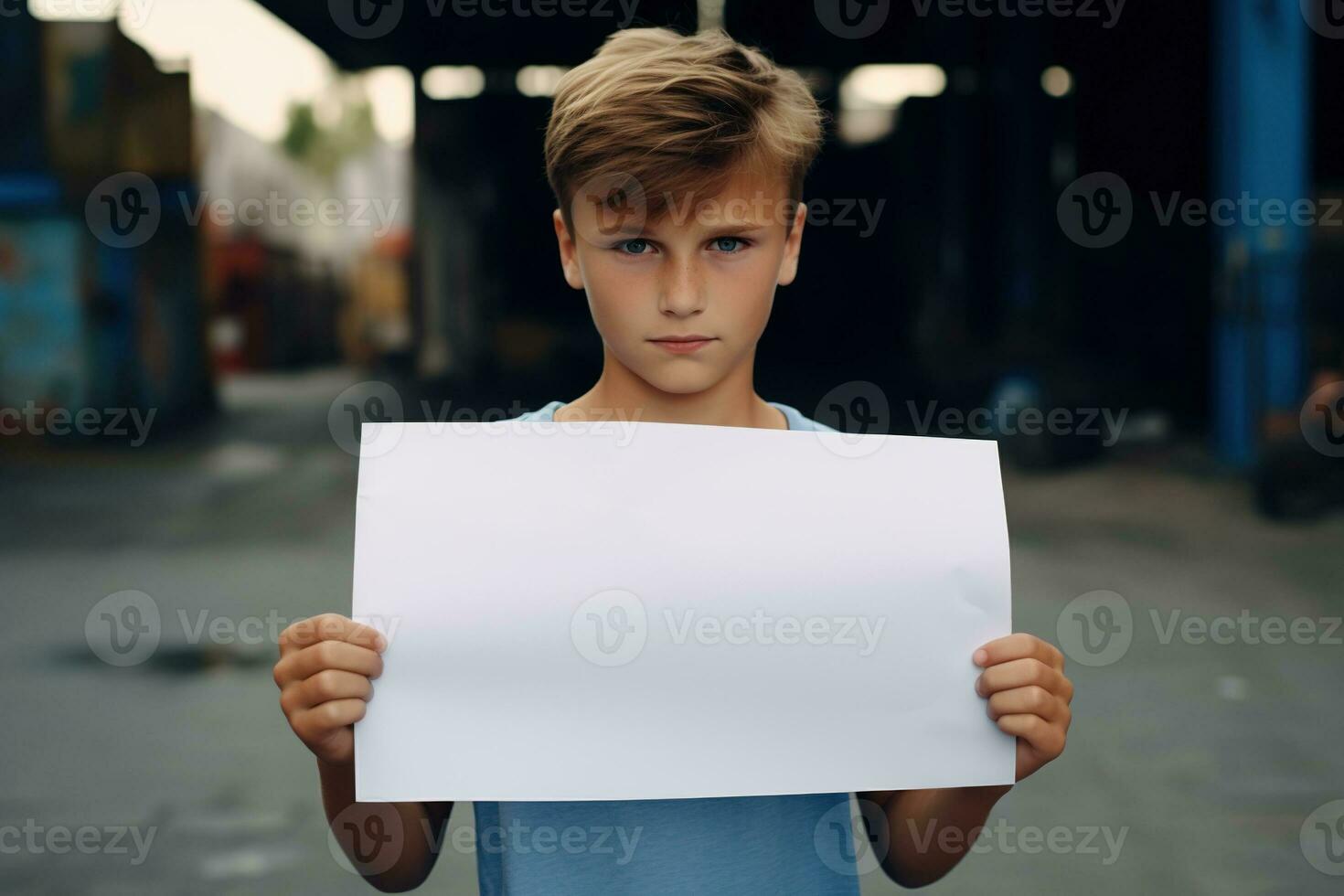 ai gegenereerd weinig jongen Holding een blanco wit vel van papier foto