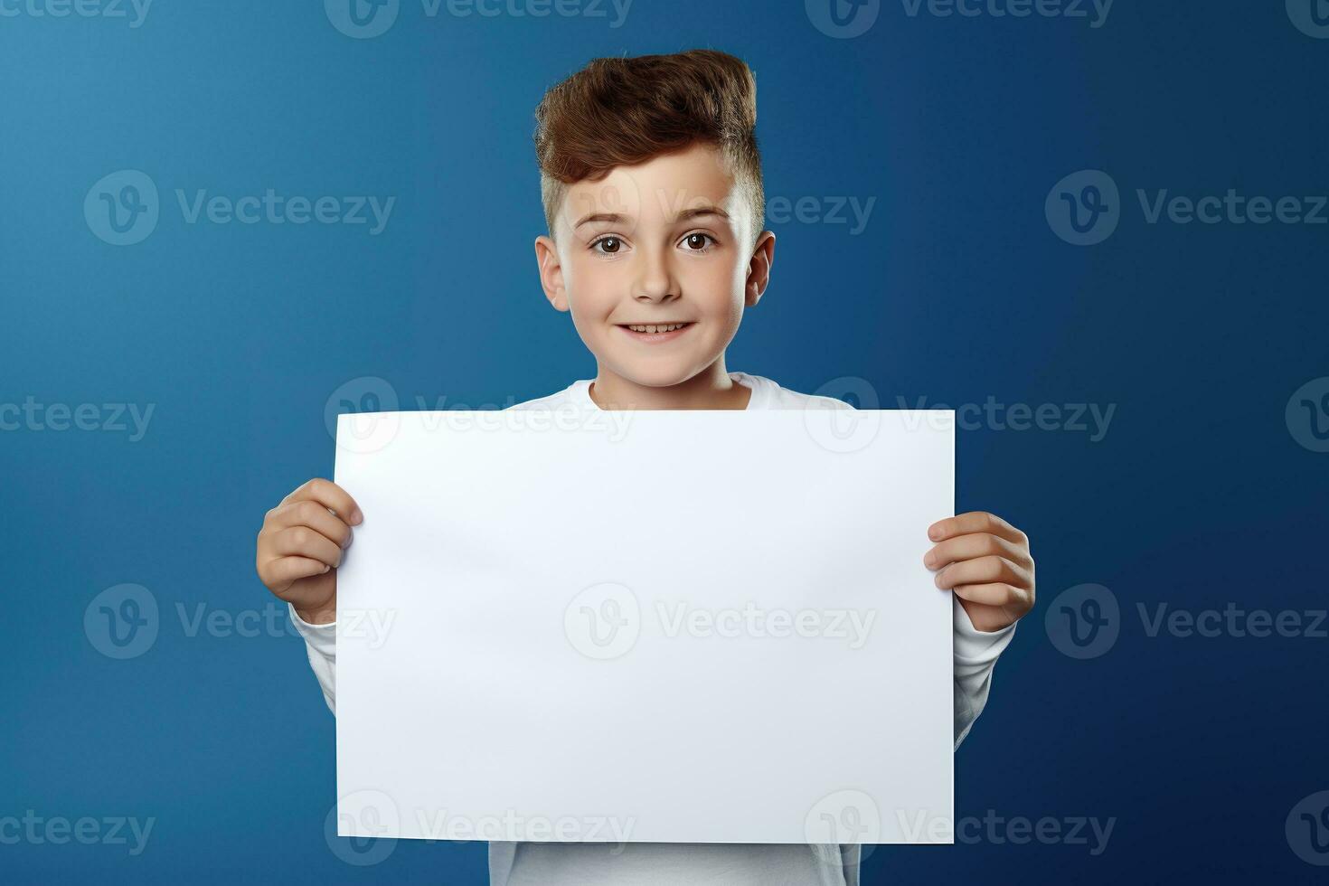 ai gegenereerd weinig jongen Holding een blanco wit vel van papier foto