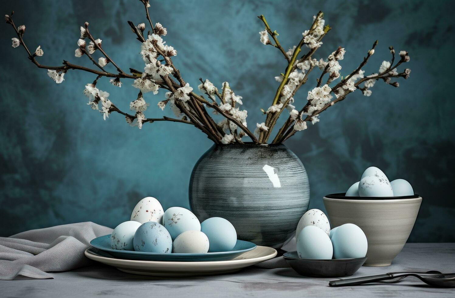 ai gegenereerd de Pasen ochtend- tafel met gekleurde eieren versierd in de teugel, foto
